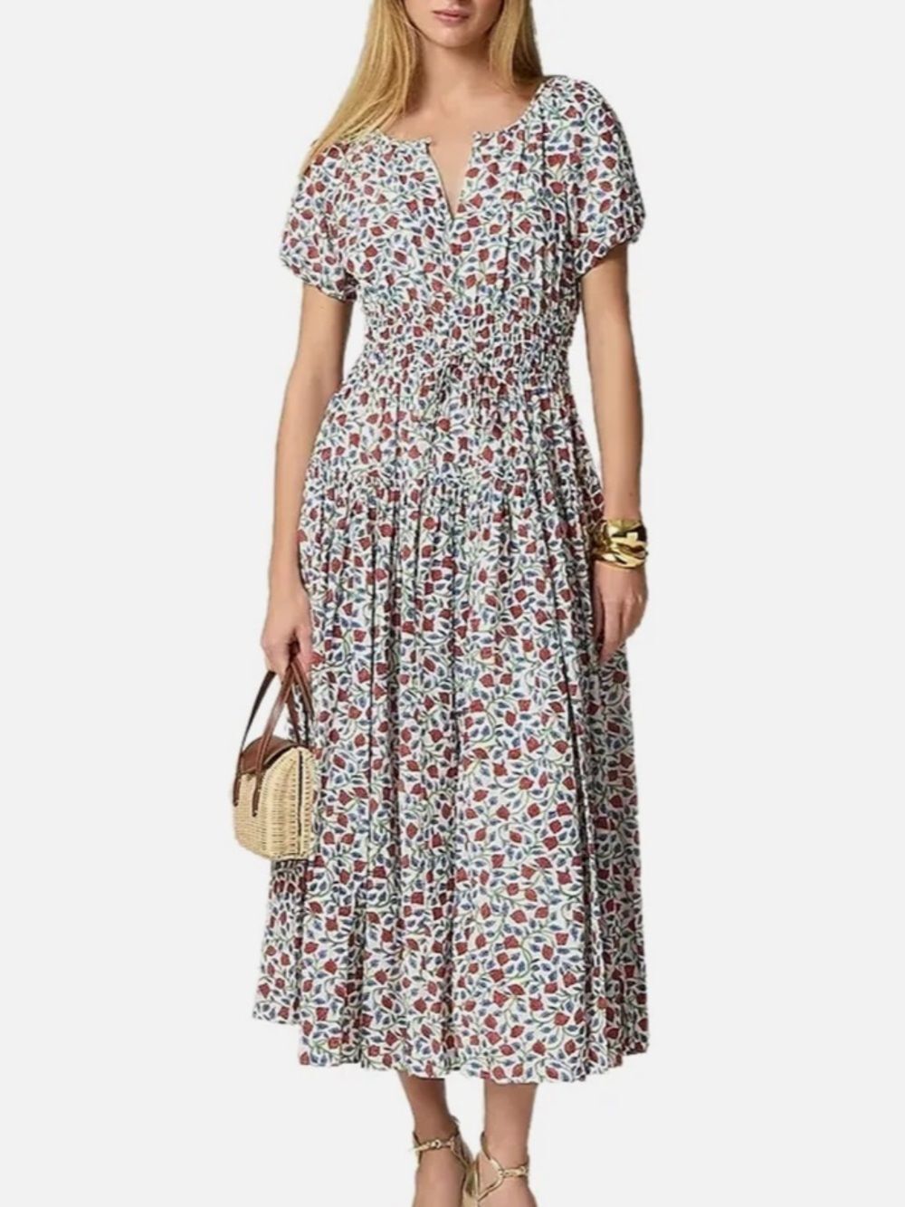 J.Crew Elena Floral Crepe De Chine Puff-Sleeve A-LIne Midi Dress White Multi S